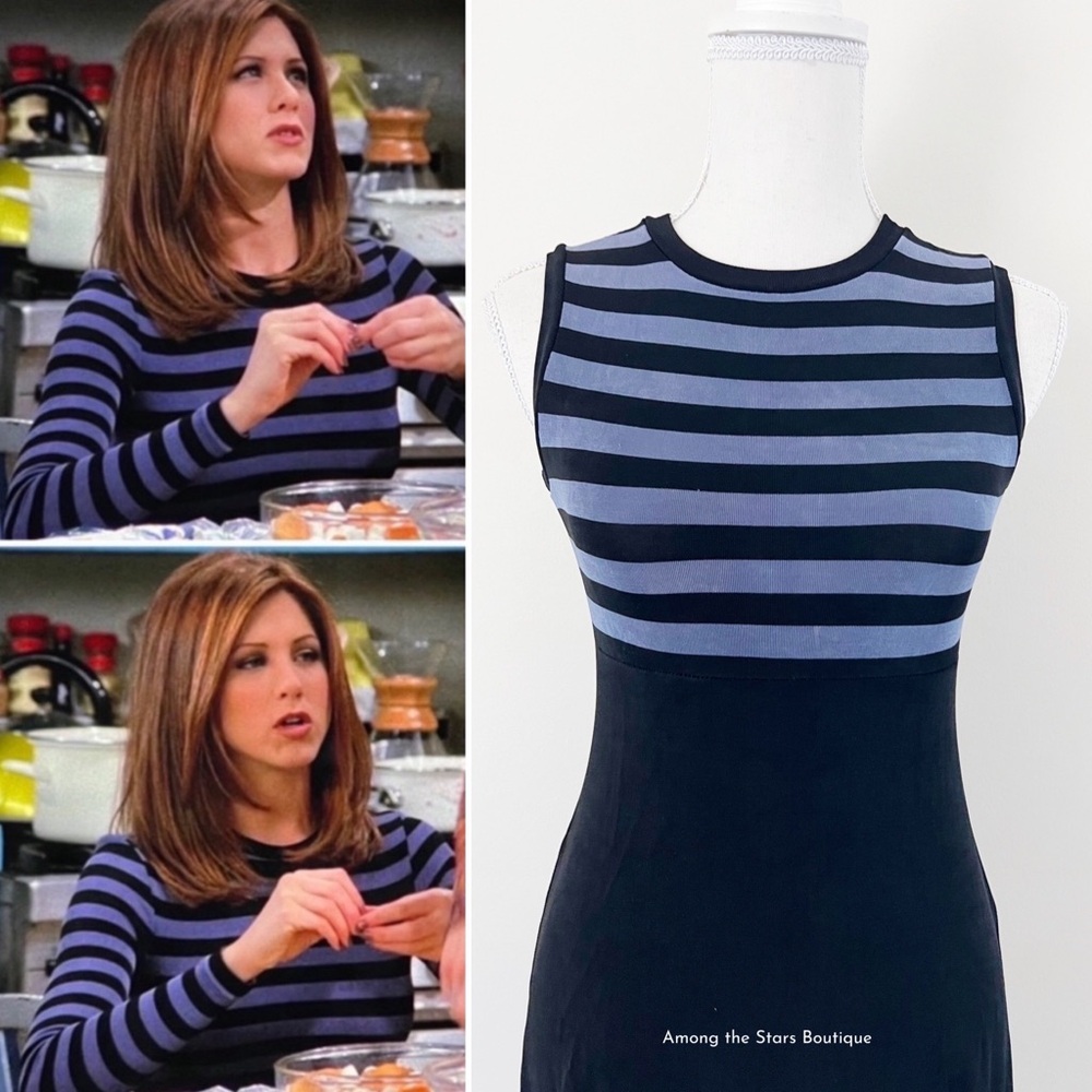 FLAWED GEM Rare Vintage 90s Jersey Knit Striped Dress Alt. ASO Rachel in Friends - Picture 2 of 14